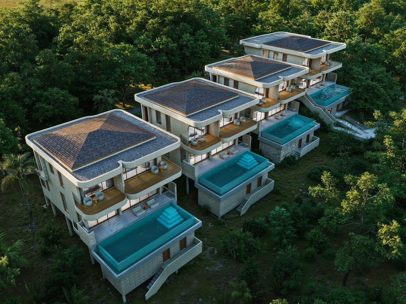 Aerial view of Alaya's hillside villas with private pools above Chaloklum Bay, Koh Phangan